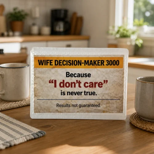 Wife Decision Maker 3000 novelty prank package displayed on a wooden kitchen table between two coffee mugs.