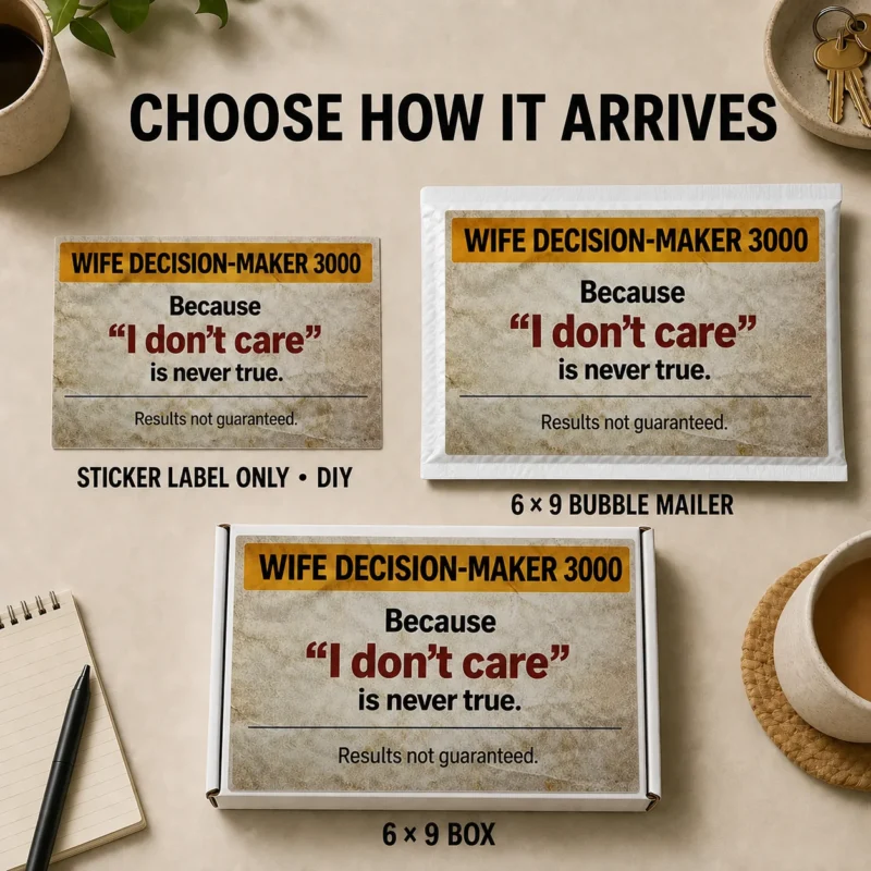 Wife Decision-Maker 3000 prank shown on a DIY sticker, landscape 6 × 9 bubble mailer, and landscape 6 × 9 box.