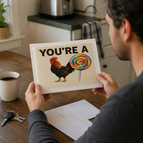 A man studies a You’re a rooster-and-lollipop rebus prank package while opening his morning mail at the kitchen table.