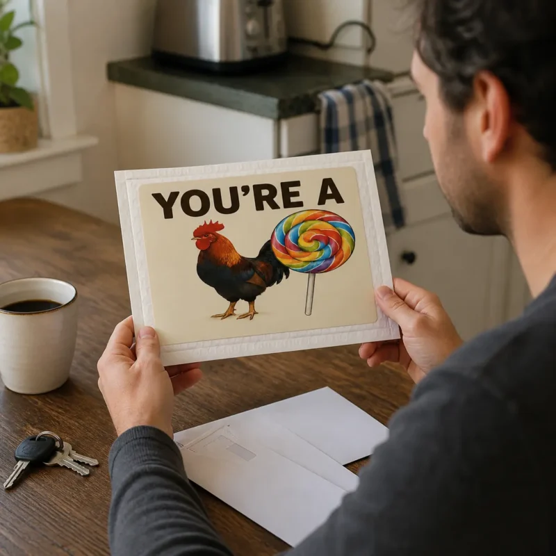 You’re a Rooster and Lollipop Rebus Prank A man studies a You’re a rooster-and-lollipop rebus prank package while opening his morning mail at the kitchen table.