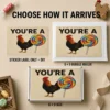 ou're A Rooster and Lollipop Rebus Prank Delivery Options “You're A” rebus prank with a rooster and rainbow lollipop, shown as a DIY sticker, landscape 6 × 9 bubble mailer, and landscape 6 × 9 box.