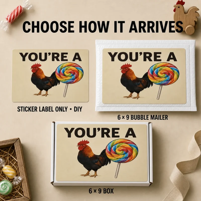 ou're A Rooster and Lollipop Rebus Prank Delivery Options “You're A” rebus prank with a rooster and rainbow lollipop, shown as a DIY sticker, landscape 6 × 9 bubble mailer, and landscape 6 × 9 box.