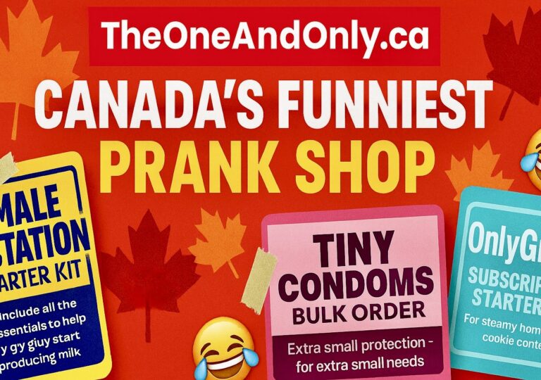 Canada’s funniest prank shop banner showing anonymous prank mail and gag gifts from TheOneAndOnly.ca