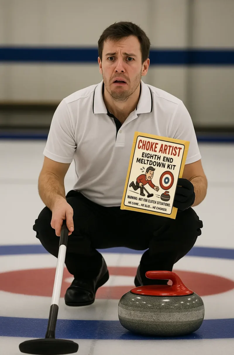 Man posing on a curling rink holding a prank product label