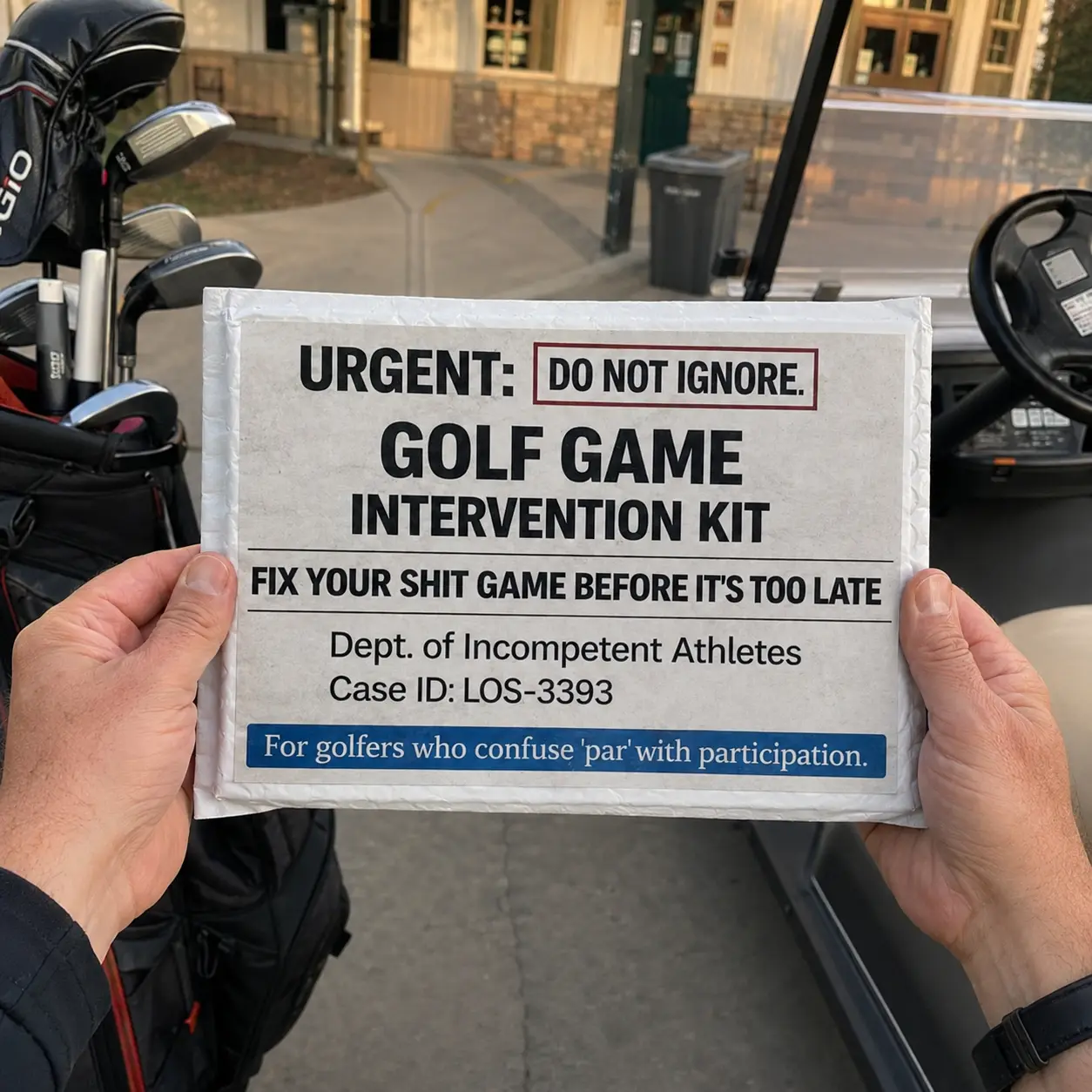 Golfer holding a Golf Game Intervention Kit prank mailer beside a golf bag