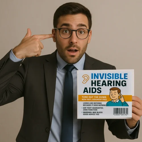Man in business attire holding a prank product label with a surprised expression