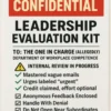 Leadership Evaluation Kit – Confidential Prank Label Confidential “Leadership Evaluation Kit” prank label with checklist for workplace competency review