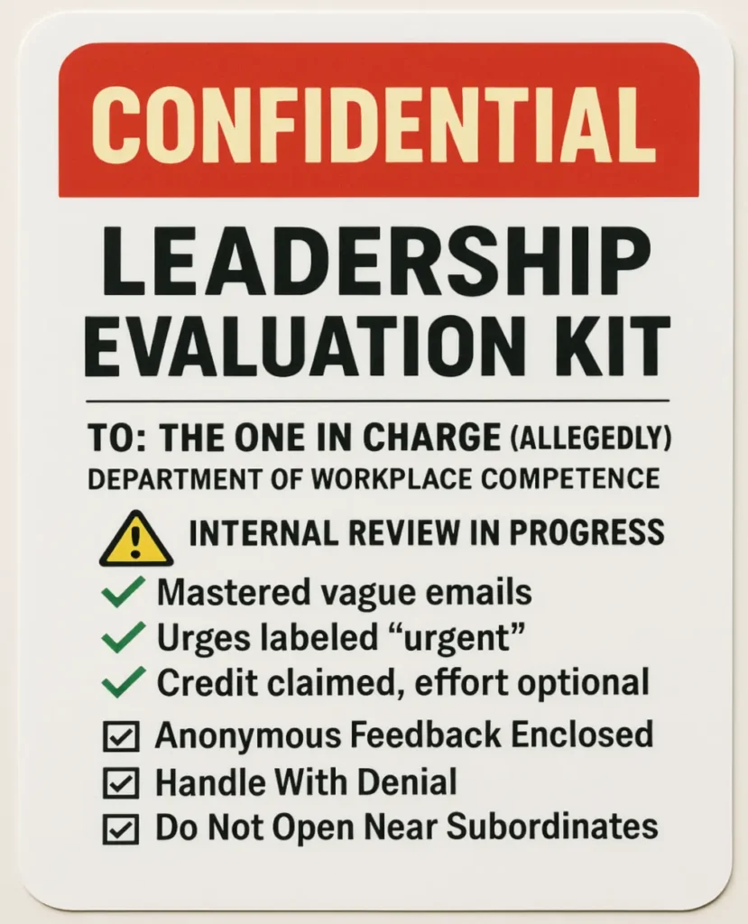 Leadership Evaluation Kit – Confidential Prank Label Confidential “Leadership Evaluation Kit” prank label with checklist for workplace competency review