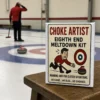 Choke Artist Eighth End Meltdown Kit displayed at a curling rink while a disappointed curler reacts to a missed shot.