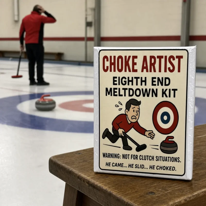 Choke Artist Eighth End Meltdown Kit displayed at a curling rink while a disappointed curler reacts to a missed shot.