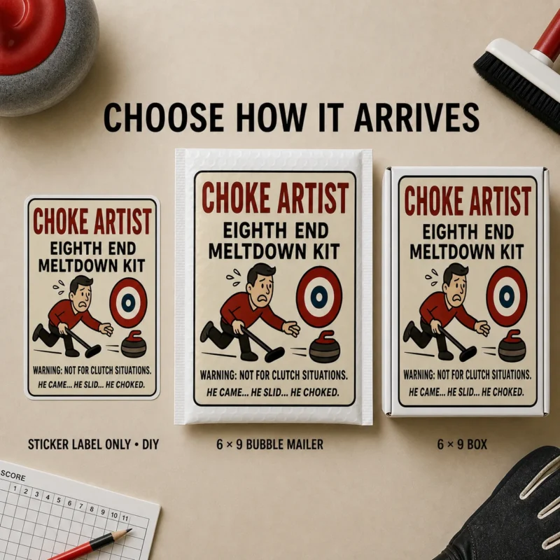 Choke Artist Eighth End Meltdown Kit curling prank shown as a DIY sticker, 6 × 9 bubble mailer, and 6 × 9 box.