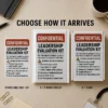 Confidential Leadership Evaluation Kit office prank shown as a DIY sticker, 6 × 9 bubble mailer, and 6 × 9 box.