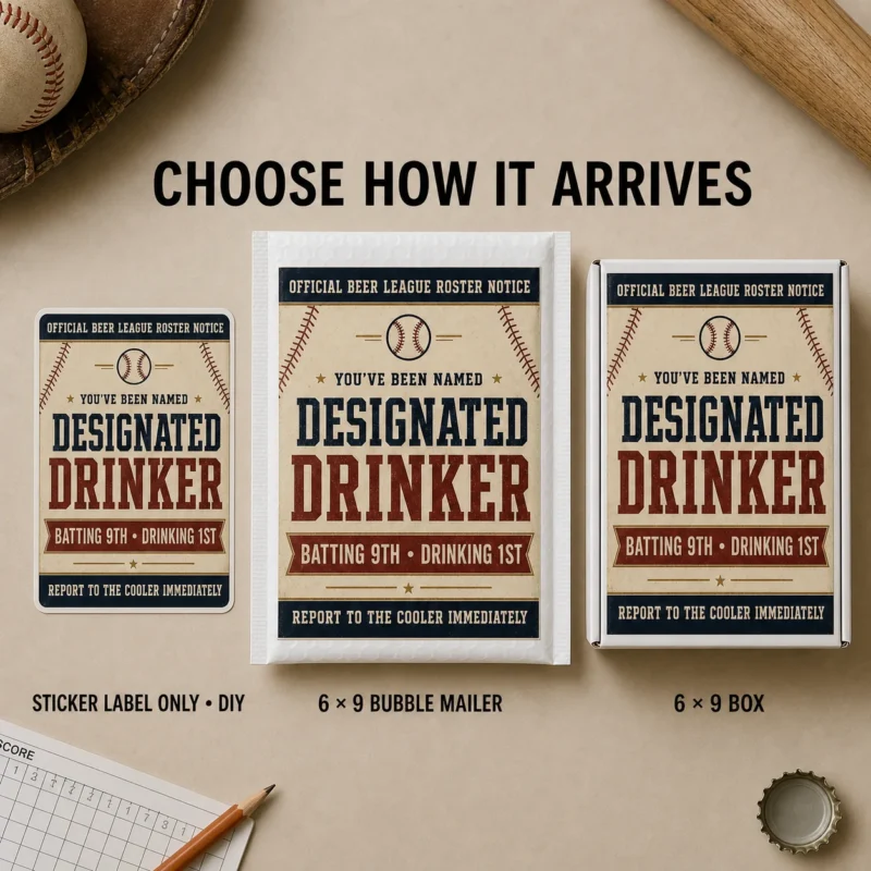 Designated Drinker beer-league baseball prank shown as a DIY sticker, 6 × 9 bubble mailer, and 6 × 9 box.