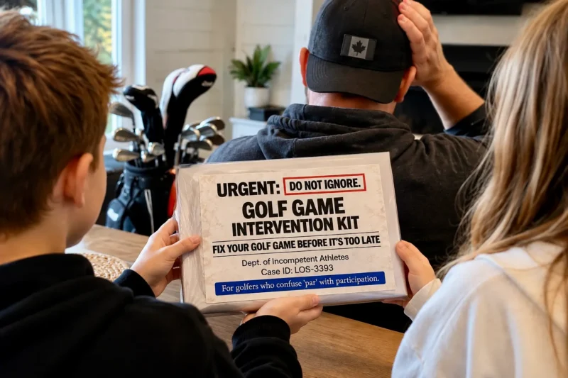 Kids giving Dad a clean Golf Game Intervention Kit prank gift