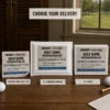 Golf Game Intervention Kit prank shown as a DIY sticker label, 6 × 9 bubble mailer and 6 × 9 mailing box in a golf clubhouse.