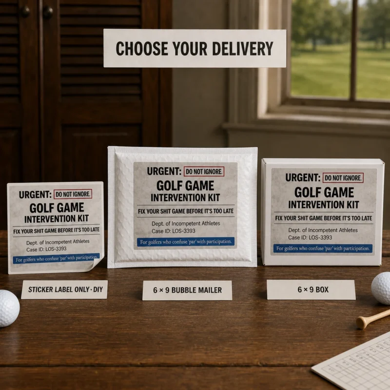 Golf Game Intervention Kit prank shown as a DIY sticker label, 6 × 9 bubble mailer and 6 × 9 mailing box in a golf clubhouse.