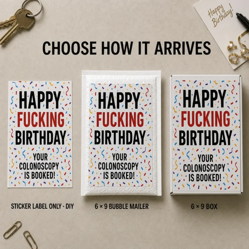 Happy Birthday Colonoscopy Prank Delivery Options Happy birthday colonoscopy prank shown as a DIY sticker, 6 × 9 bubble mailer, and 6 × 9 box.
