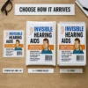 Invisible Hearing Aids prank shown as a DIY sticker, on a 6 × 9 bubble mailer and on an equally sized 6 × 9 box.