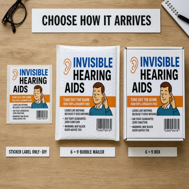 Invisible Hearing Aids prank shown as a DIY sticker, on a 6 × 9 bubble mailer and on an equally sized 6 × 9 box.