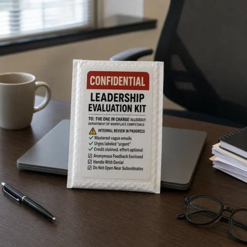 Confidential Leadership Evaluation Kit prank package sitting on a manager’s office desk