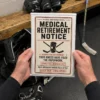 Medical Retirement Notice Hockey Prank Mail in Hockey Bag Medical Retirement Notice hockey prank mail package shown beside hockey equipment for a beer league player