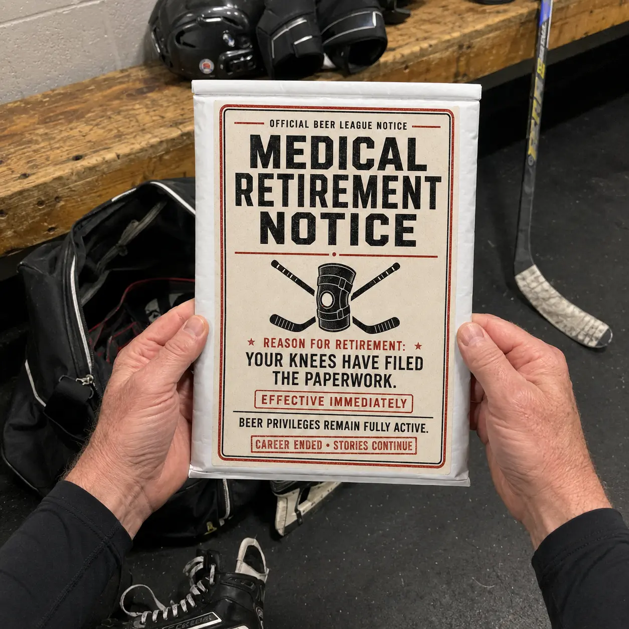 Beer league player holding a Medical Retirement Notice hockey prank mailer