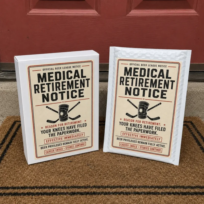 Medical Retirement Notice Prank Mail Delivery Medical Retirement Notice prank mail package delivered in a white box and bubble mailer