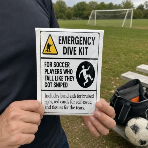 Soccer Emergency Dive Kit prank mail label for soccer players who fall like they got sniped