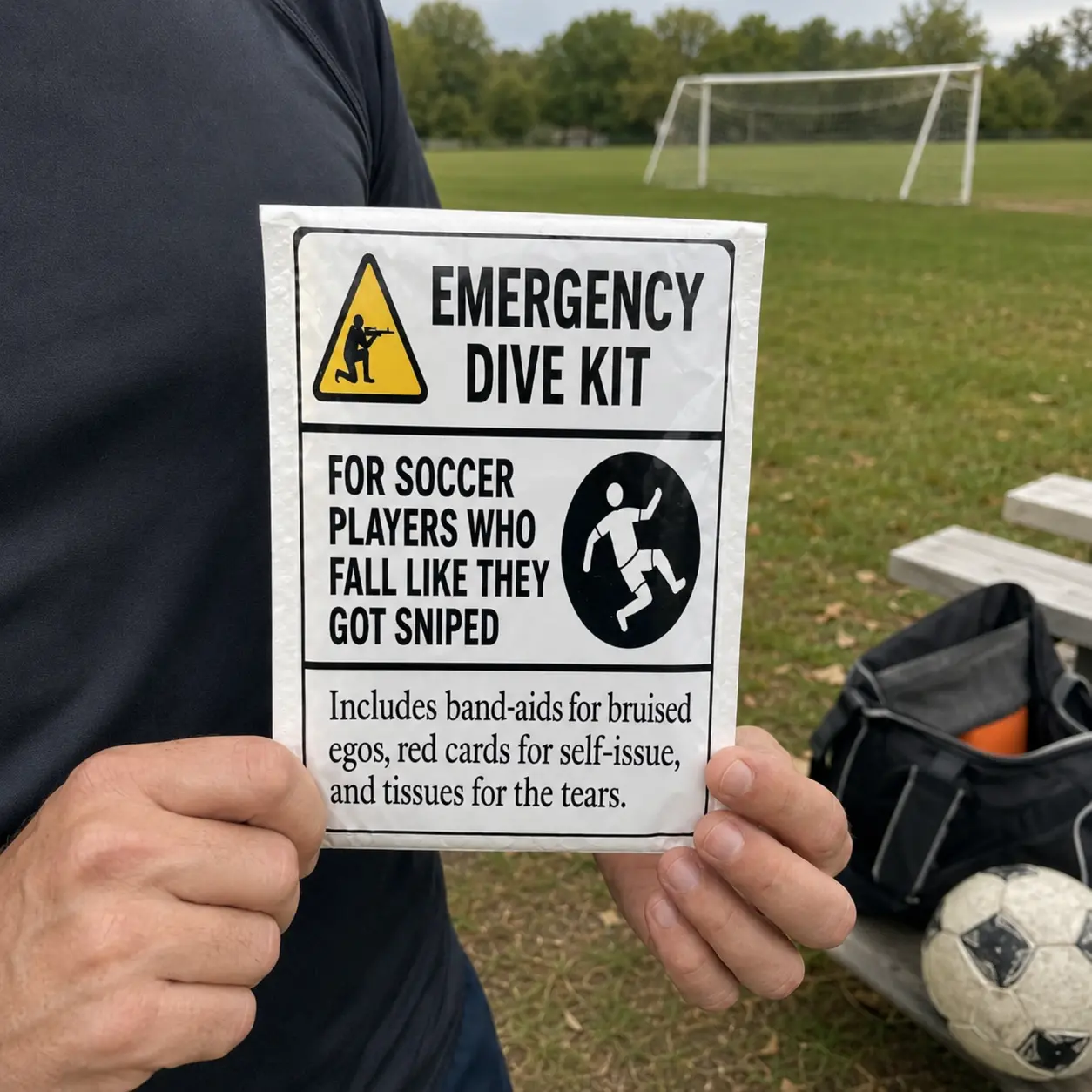 Soccer player holding an Emergency Dive Kit prank mailer beside a soccer field