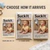 Suck It Portable Baby Beverage System prank displayed as a DIY sticker, a 6 × 9 bubble mailer and a matching 6 × 9 box.
