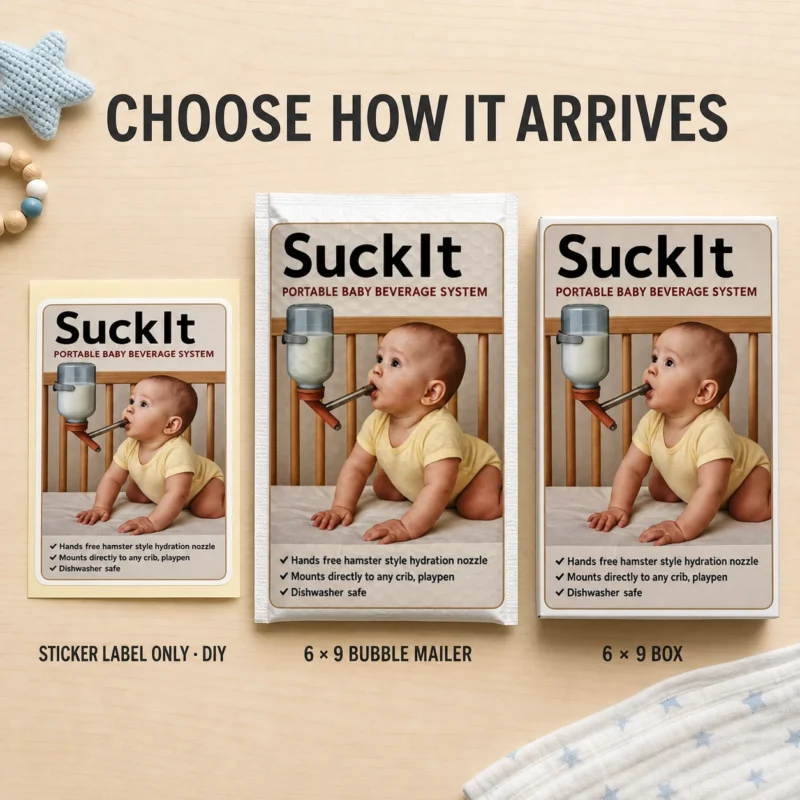 Suck It Portable Baby Beverage System prank displayed as a DIY sticker, a 6 × 9 bubble mailer and a matching 6 × 9 box.