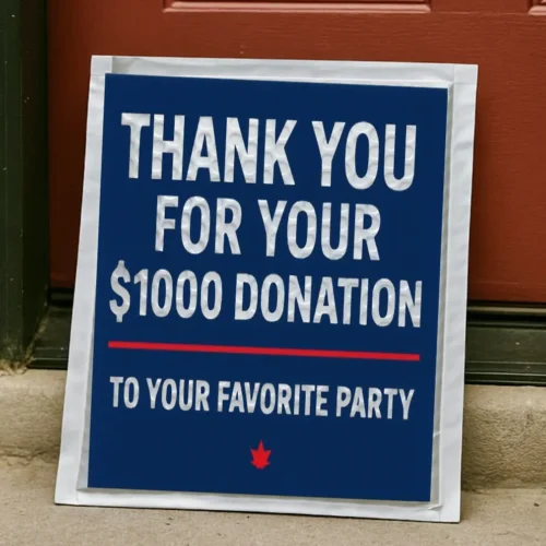 Funny political prank sign reading “Thank You for Your $1000 Donation to the Conservative Party” displayed at a front door. Humorous gag gift and prank mail item for political satire and election jokes.
