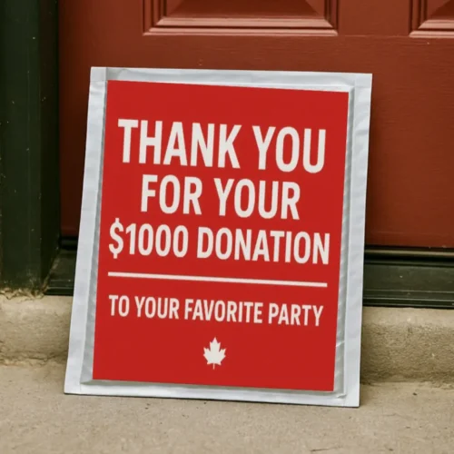 Funny political prank sign reading “Thank You for Your $1000 Donation to the Liberal Party” displayed at a front door. Humorous gag gift and prank mail item for political satire and election jokes.