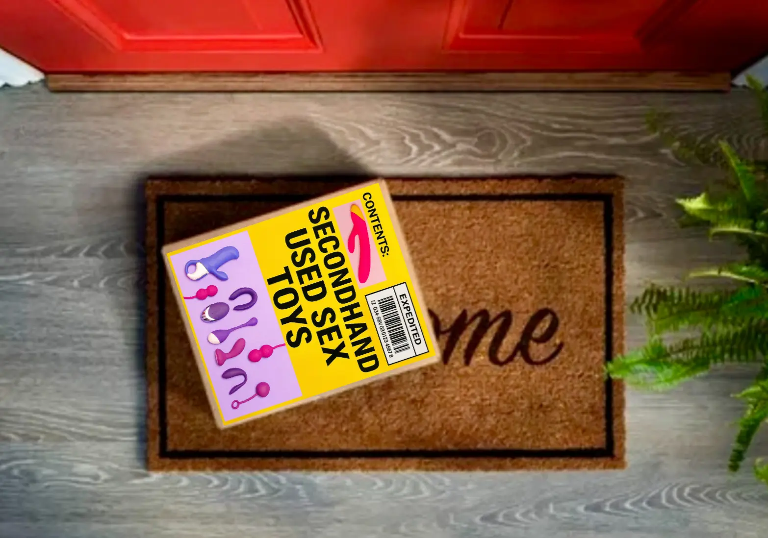 Box with secondhand used sex toys prank shipping label