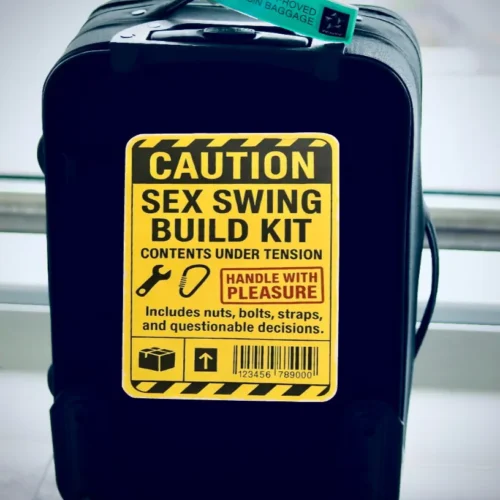 Funny Sex Swing Luggage Prank sticker attached to a suitcase at an airport. Humorous travel prank designed to attract attention, spark awkward conversations, and generate laughs during travel.