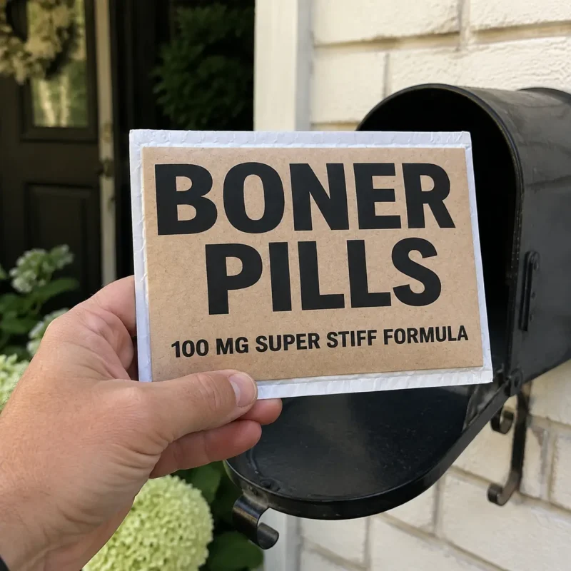 Boner Pills Prank Mail Delivery Person holding a Boner Pills prank mailer beside an open residential mailbox