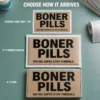 Boner Pills Prank Delivery Options Boner Pills novelty prank displayed as a DIY sticker, a landscape 6 × 9 bubble mailer and a matching 6 × 9 box.