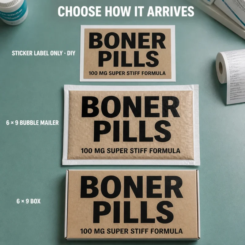 Boner Pills Prank Delivery Options Boner Pills novelty prank displayed as a DIY sticker, a landscape 6 × 9 bubble mailer and a matching 6 × 9 box.