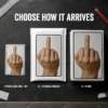 Middle Finger prank artwork shown as a DIY sticker, on a 6 × 9 bubble mailer and on a 6 × 9 box.