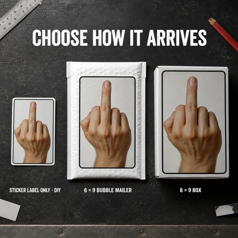 Middle Finger prank artwork shown as a DIY sticker, on a 6 × 9 bubble mailer and on a 6 × 9 box.