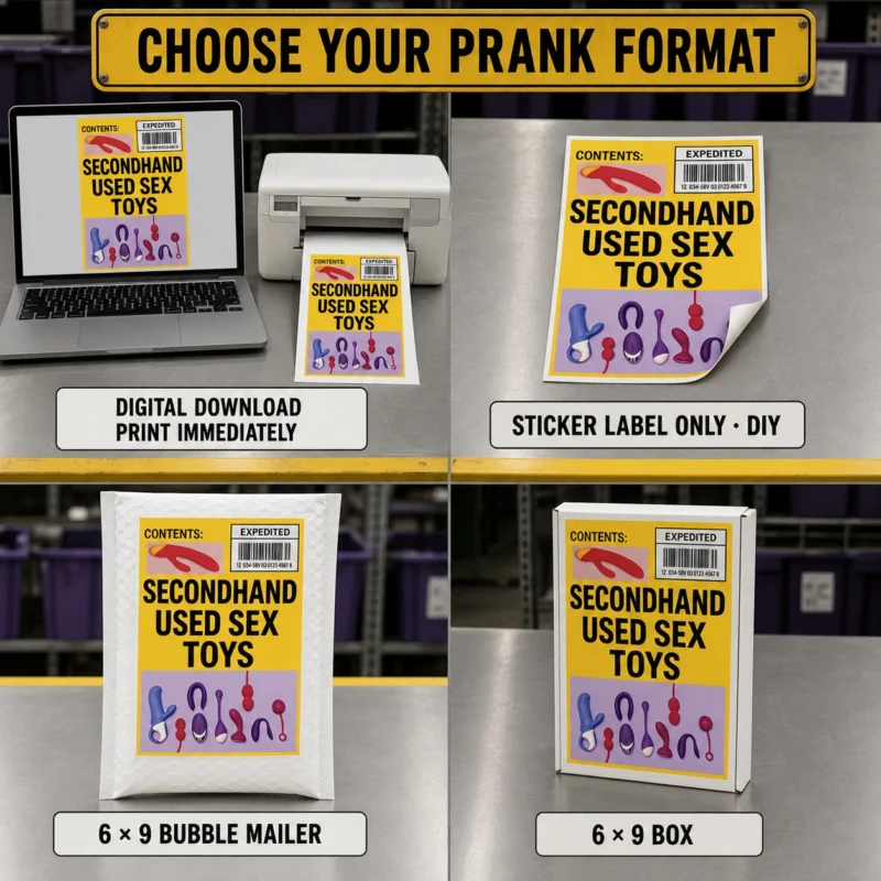 Secondhand Used Sex Toys Prank Format Options Secondhand Used Sex Toys prank shown as a digital download, DIY sticker label, 6 × 9 bubble mailer and 6 × 9 mailing box.