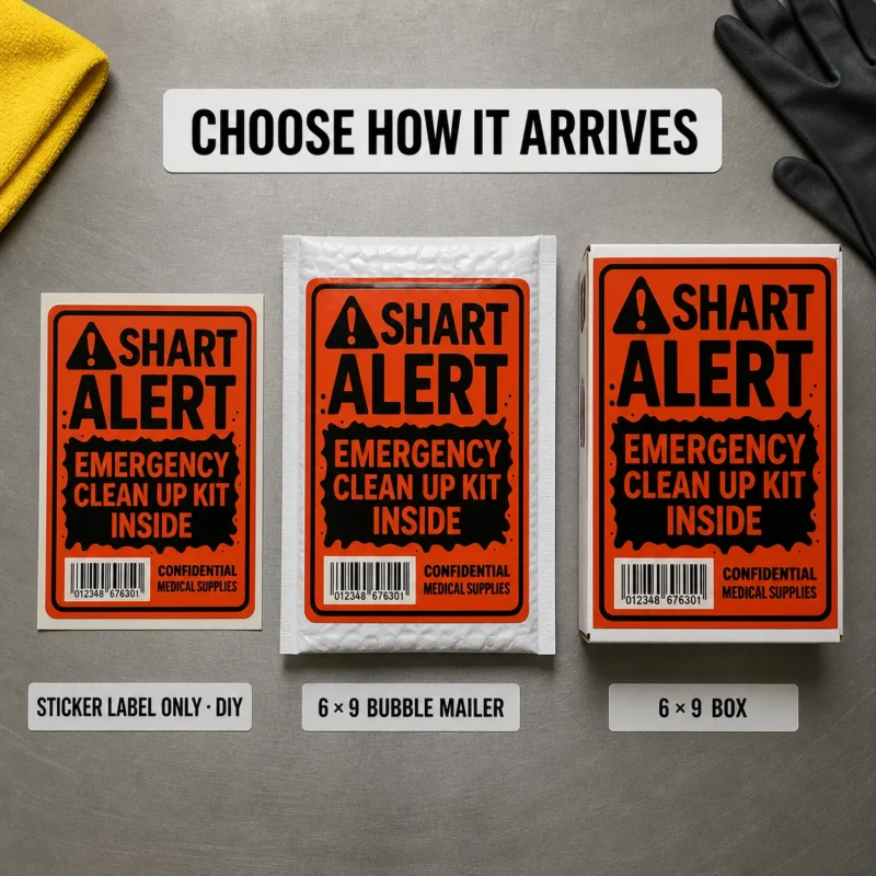 Shart Alert Prank Delivery Options Shart Alert Emergency Clean Up Kit prank shown as a DIY sticker, on a 6 × 9 bubble mailer and on a matching 6 × 9 box.