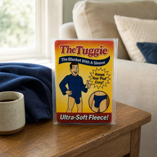 The Tuggie novelty prank package displayed on a wooden table beside a navy fleece blanket and coffee in a cozy living room.
