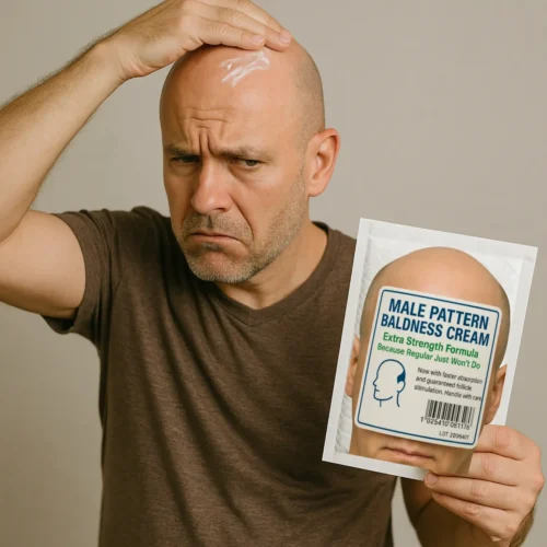 Bald man reacting to a funny “Male Pattern Baldness Cream” prank product — hilarious fake gift from TheOneAndOnly.ca, Canada’s #1 prank mail and gag gift shop.