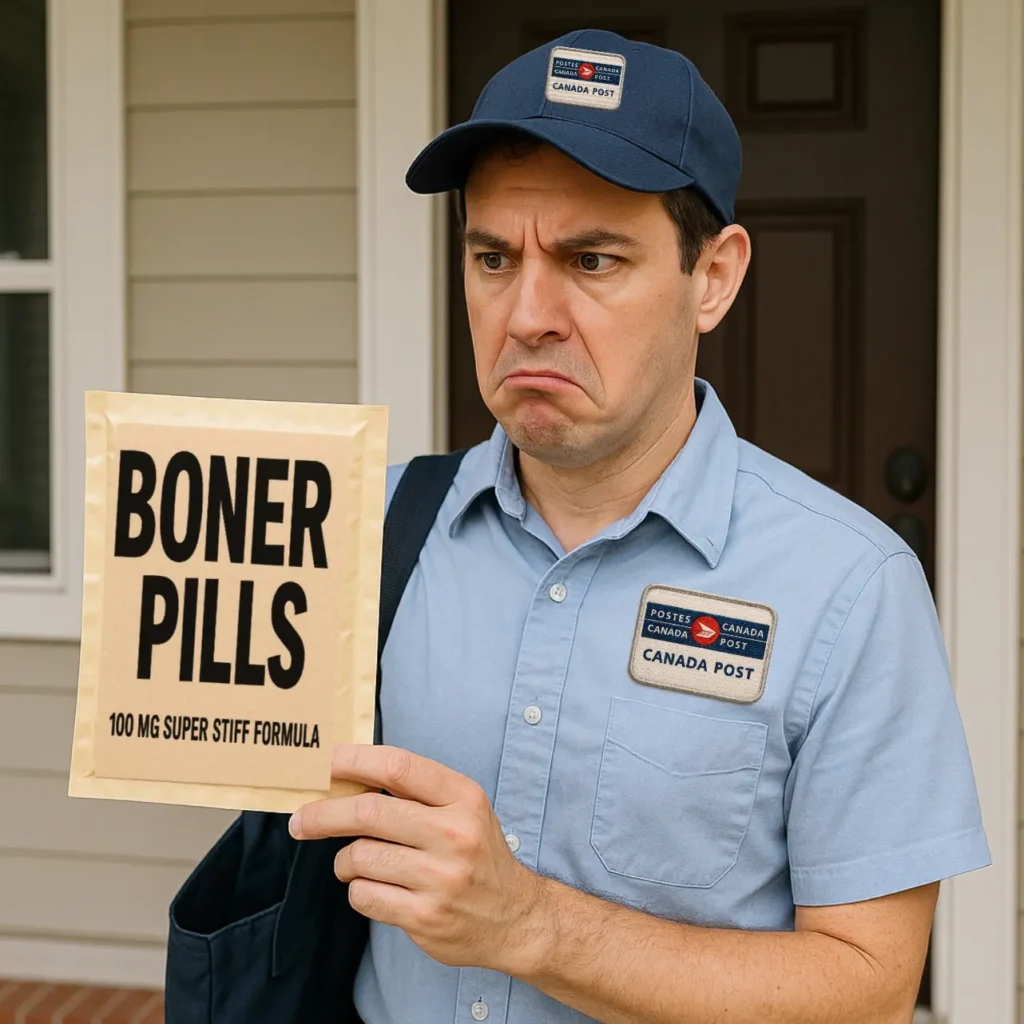 Funny Canadian mailman holding prank “Boner Pills” package. Anonymous prank mail Canada from TheOneAndOnly.ca