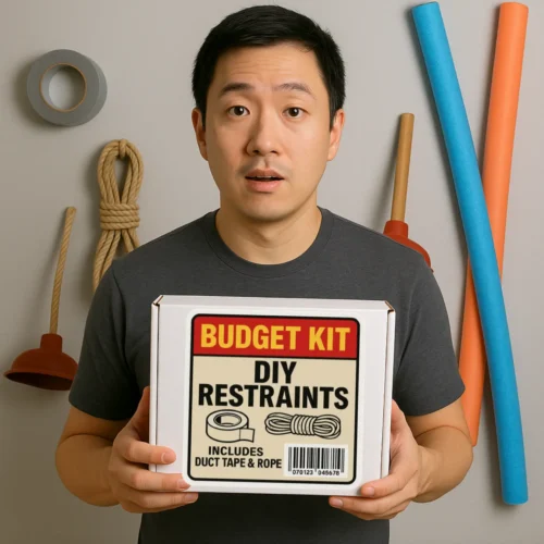Man holding the Budget Restraints prank label from TheOneAndOnly.ca