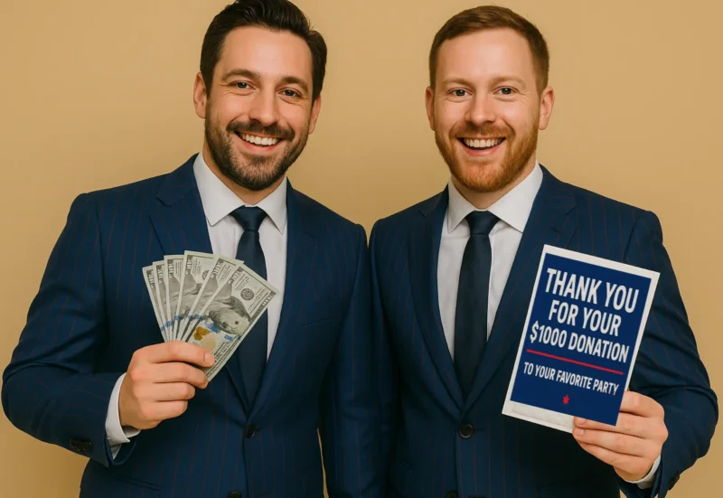 Two men in suits smiling while holding the Conservative Party Donation prank label — funny political-themed gag gift from TheOneAndOnly.ca