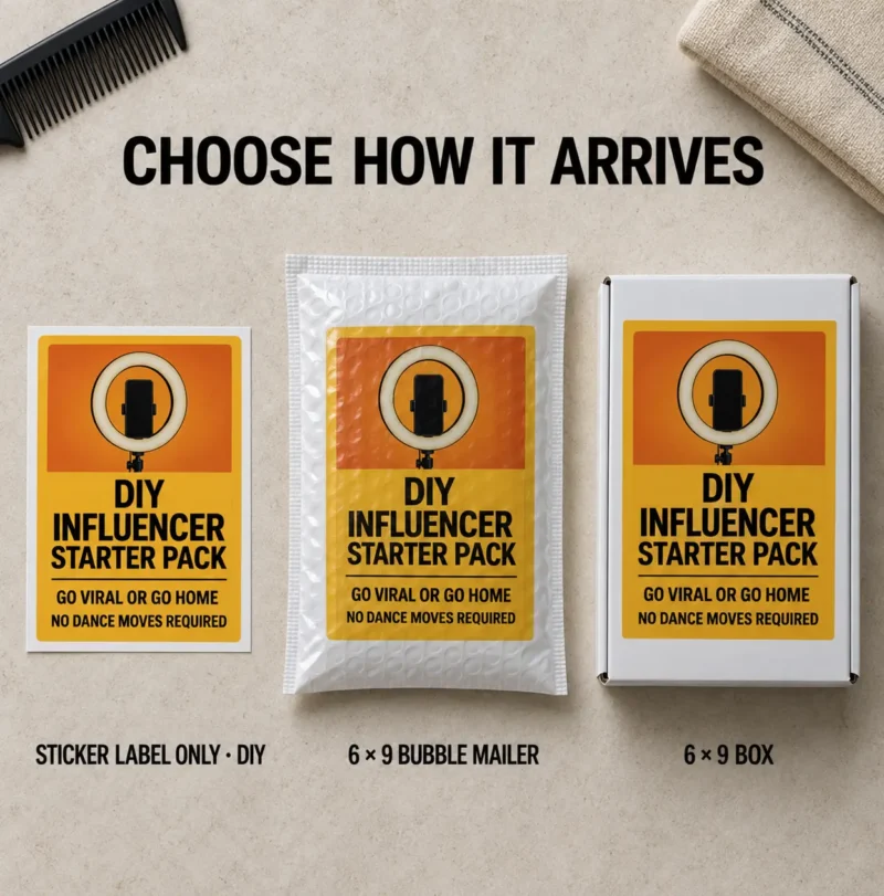DIY Influencer Starter Pack Delivery Options DIY Influencer Starter Pack available as a sticker label, 6 x 9 bubble mailer, or gift box
