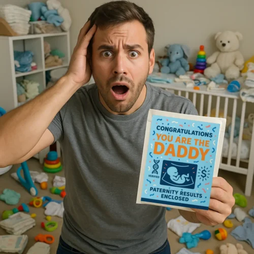 Shocked man holding the You Are The Father prank letter — funny fake DNA test gag mail from TheOneAndOnly.ca