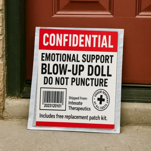 Fake “Emotional Support Blow-Up Doll” prank mail label on a bubble mailer, parody gag delivery